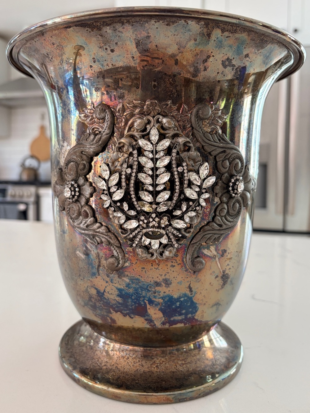 Vintage Silver-Tone Decorative wine bucket with Rhinestone Emblellishments